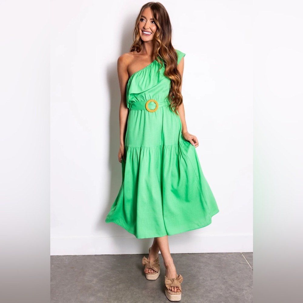 She + Sky Green One Shoulder Ruffle Midi Dress